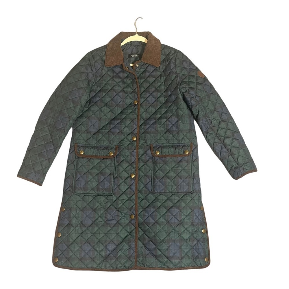 Ralph Lauren Women's Green Plaid Quilted A-Line Jacket w/ Corduroy Collar Medium